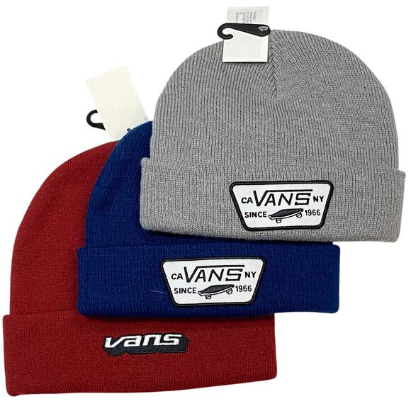 Vans Off The Wall Beanie Basic Cuff Knit Red Blue Gray Cap Hat Cotton Lot of 3 - Picture 1 of 10